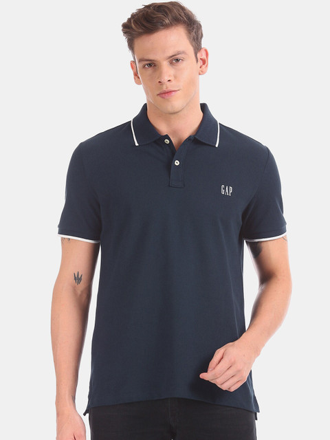 

GAP Men Navy Blue Solid Polo Collar T-shirt