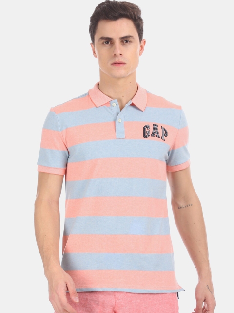 

GAP Men Coral Pink & Grey Striped Polo Collar T-shirt