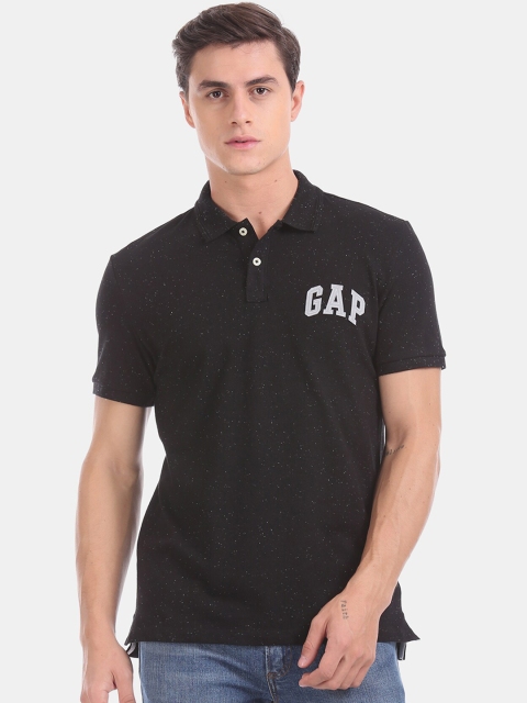 

GAP Men Black & White Micro Print Polo Collar T-shirt