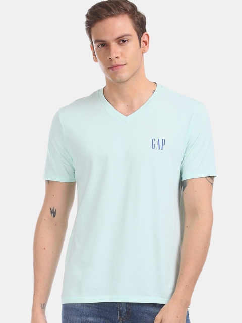 

GAP Men Aqua Blue Solid V-Neck T-shirt