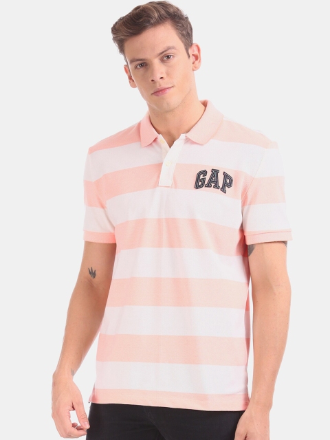 

GAP Men Peach & White Striped Polo Collar T-shirt