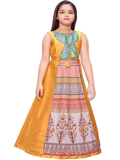 

BETTY Girls Gold & White Self Design Maxi Dress with Embellishments