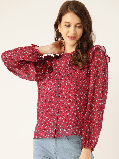

COVER STORY Women Red Floral Print Ruffled Shirt Style Top