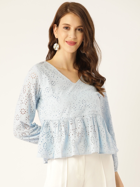 

COVER STORY Women Blue Schiffli Embroidered Empire Pure Cotton Top