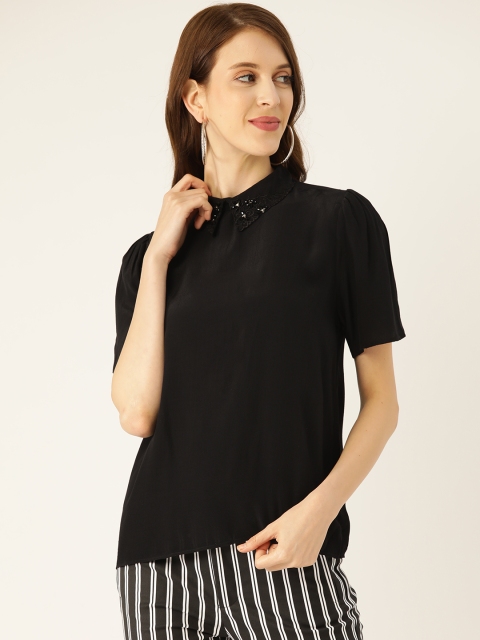 

COVER STORY Women Black Jewel Neck Shirt Style Top
