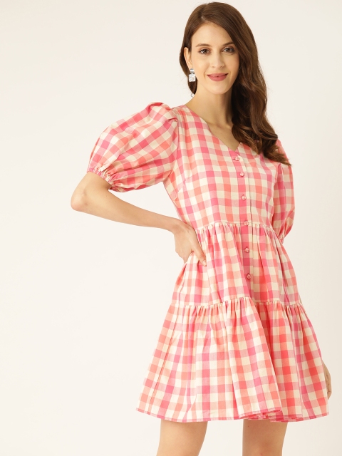 

COVER STORY Women Pink & Off-White Checked Tiered A-Line Dress