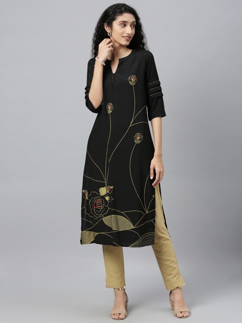 

ETIQUETTE Women Black And Yellow Floral Printed A-Line Pleated Kurti