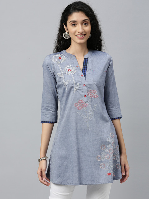 

ETIQUETTE Women Blue Embroidered Pure Cotton Straight Kurti