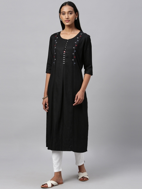 

ETIQUETTE Women Black Embroidered A-Line Panelled Kurta