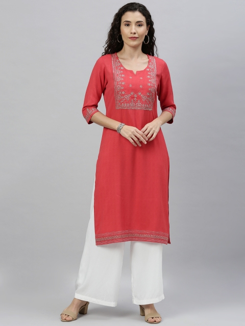 

ETIQUETTE Women Coral Red Embroidered Straight Kurta