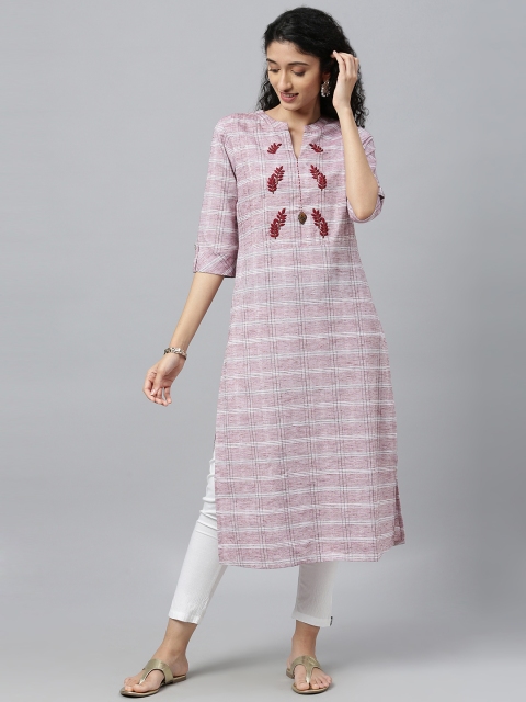 

ETIQUETTE Women White & Mauve Striped Straight Kurta With Embroidery