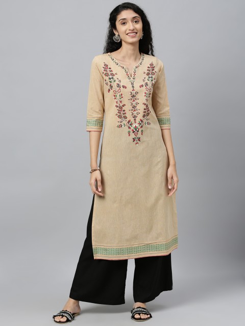 

ETIQUETTE Women Beige & Red Floral Printed Straight Kurta