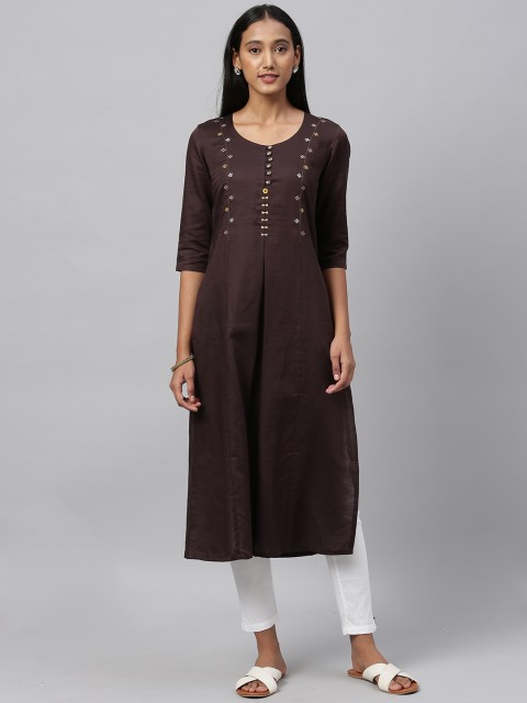 

ETIQUETTE Women Brown Embroidered A-Line Panelled Kurta