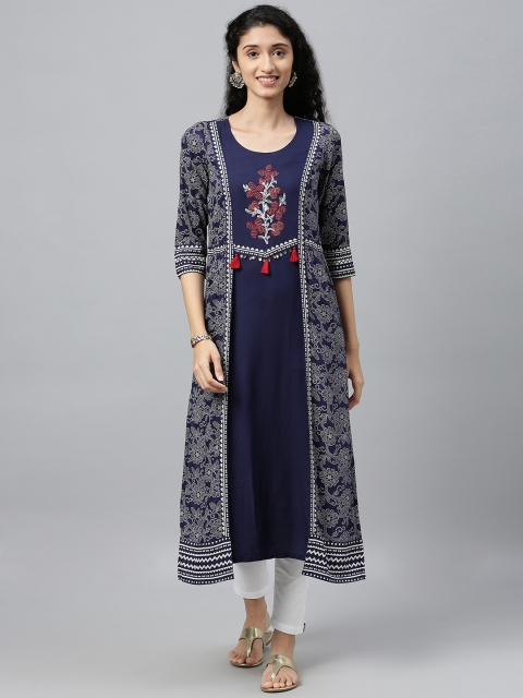 

ETIQUETTE Women Blue And Red Floral Printed A-Line Pleated Kurti