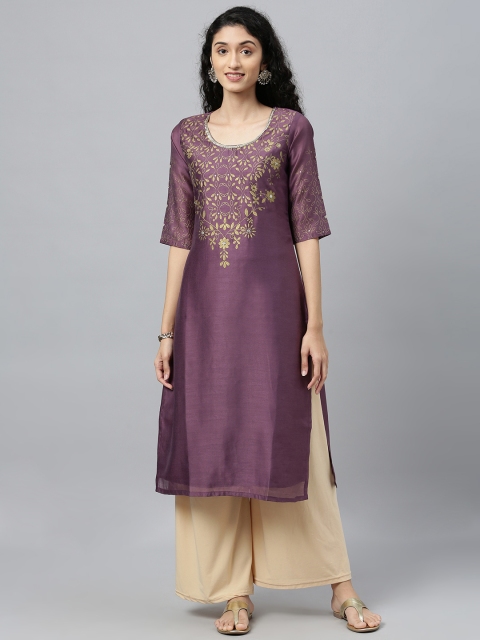

ETIQUETTE Women Purple & Golden Yoke Design Straight Kurta