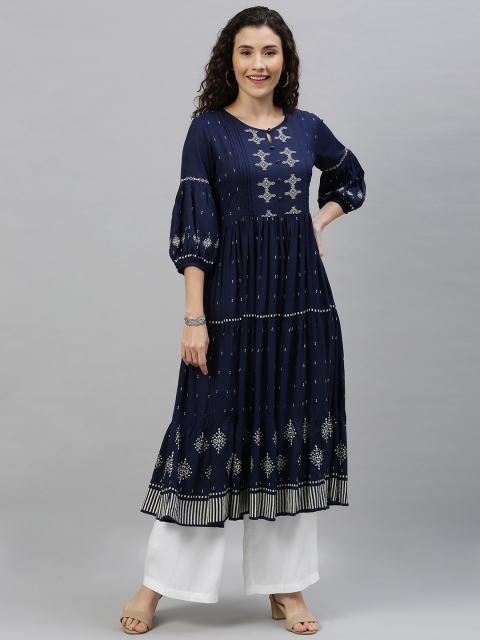

ETIQUETTE Women Navy Blue And White Self Design A-Line Kurti