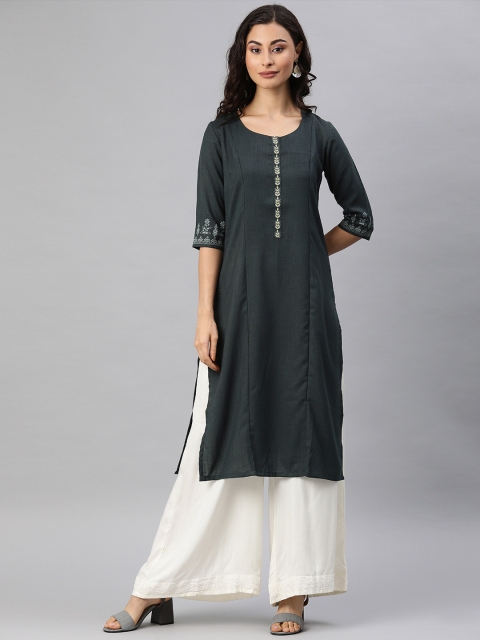 

ETIQUETTE Women Charcoal Grey Solid Straight Kurta with Printed & Embroidery Detail