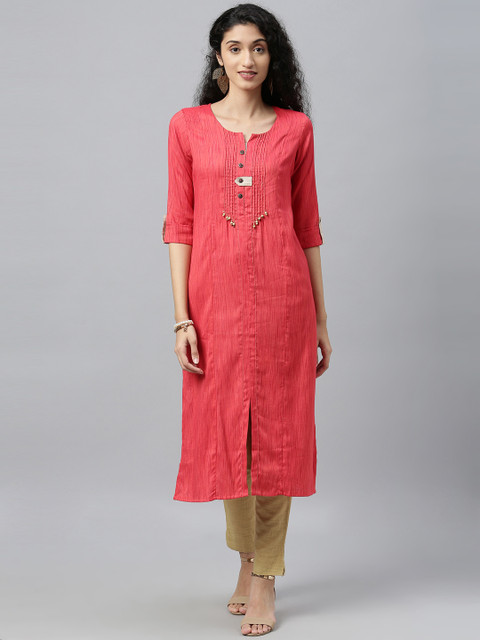 

ETIQUETTE Women Peach-Coloured Self-Design A-Line Pleated Kurti