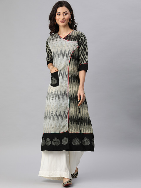 

ETIQUETTE Women Black & Grey Printed A-Line Angrakha Kurta