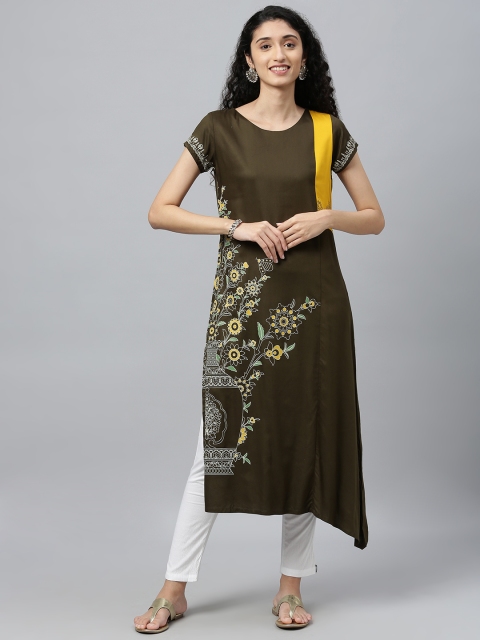 

ETIQUETTE Women Olive Green & Yellow Floral Printed A-Line Kurta
