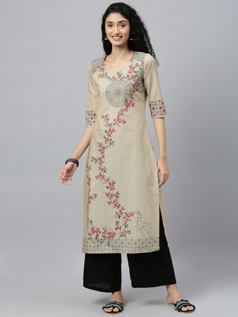 

ETIQUETTE Women Beige & Pink Printed Straight Kurta