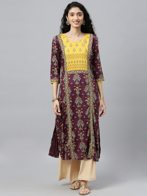 

ETIQUETTE Women Burgundy & Yellow Floral Printed Straight Kurta