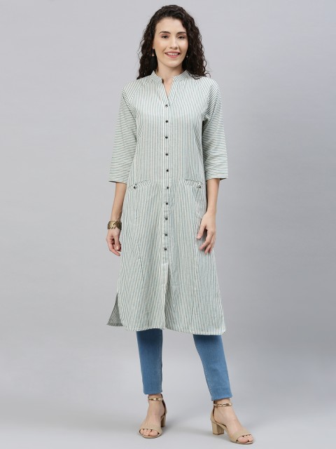 

ETIQUETTE Women White & Blue Striped Straight Kurta