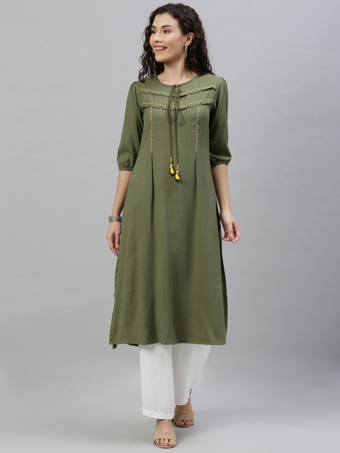 

ETIQUETTE Women Olive Green And Yellow Self Design A-Line Kurti