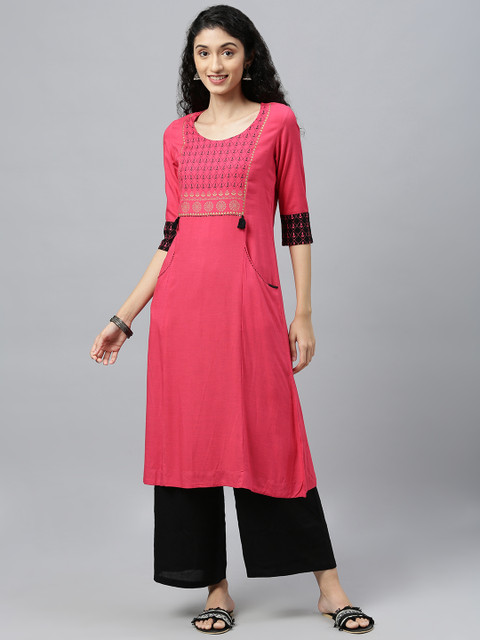 

ETIQUETTE Women Pink & Black Yoke Design Straight Kurta
