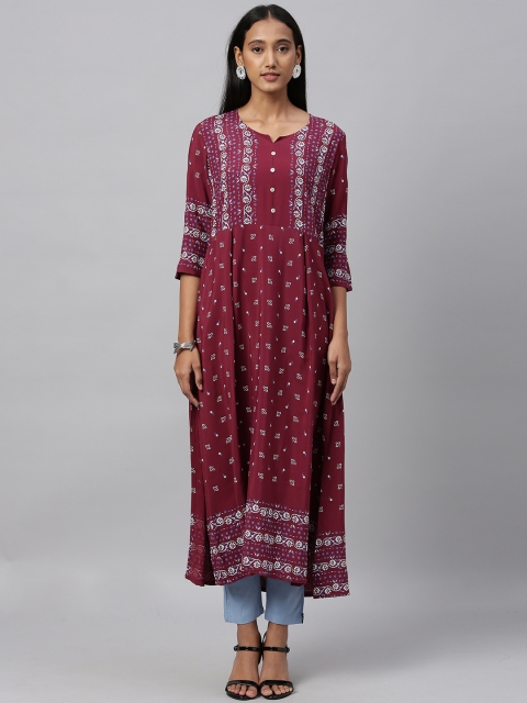 

ETIQUETTE Women Burgundy & White Floral Printed A-Line Pleated Kurta
