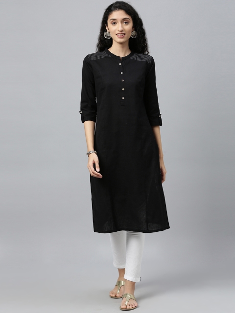 

ETIQUETTE Women Black Solid Pure Cotton A-Line Pleated Kurti