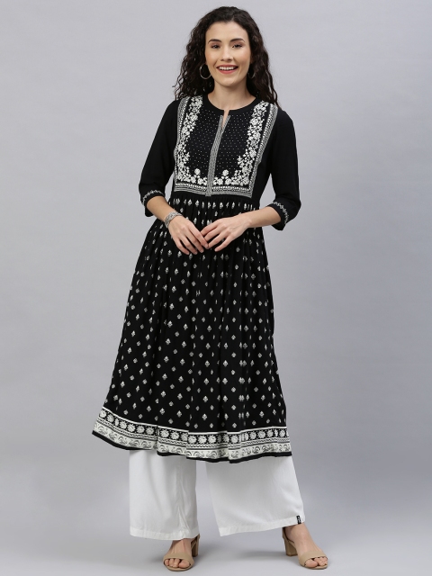 

ETIQUETTE Women Black & White Embroidered A-Line Kurta