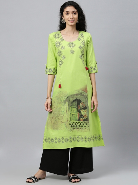

ETIQUETTE Women Green Graphic Printed Straight Kurta