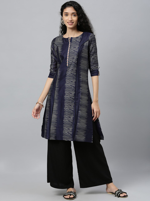 

ETIQUETTE Women Navy Blue & White Embroidered A-Line Panelled Kurta
