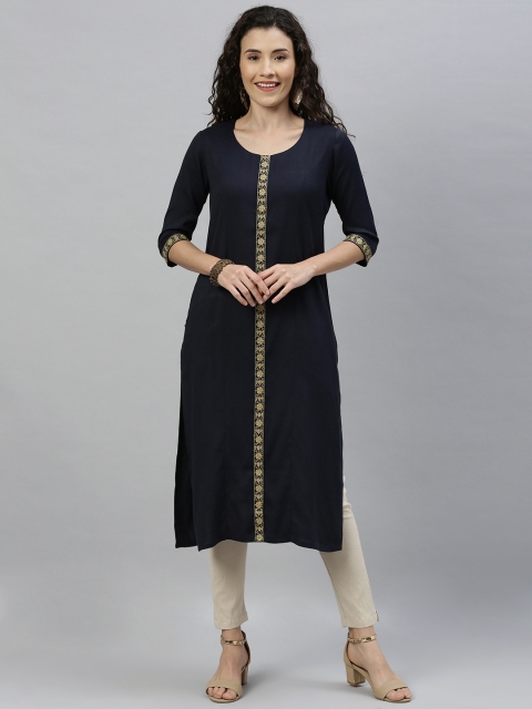 

ETIQUETTE Women Navy Blue And Yellow Embroidered Straight Kurti
