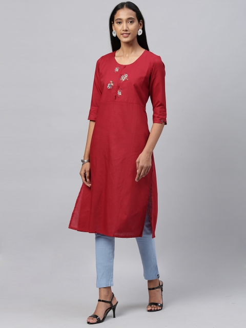 

ETIQUETTE Women Maroon & Navy Blue Floral Embroidered Straight Kurta