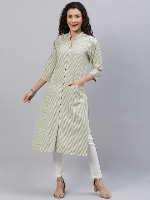 

ETIQUETTE Women Green & Cream-Coloured Striped Straight Kurta