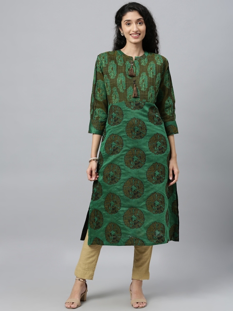 

ETIQUETTE Women Green Printed A-Line Pleated Kurti