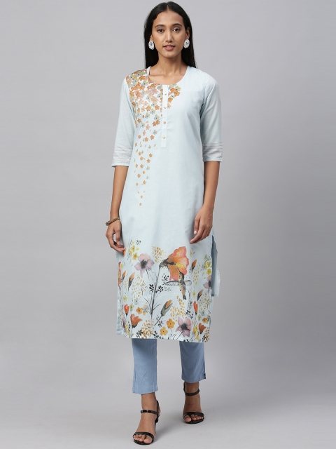 

ETIQUETTE Women Blue & Orange Floral Printed Straight Kurta