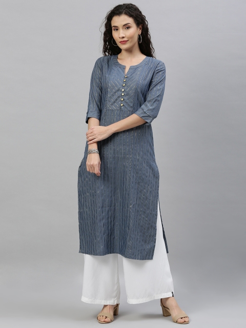 

ETIQUETTE Women Blue & Golden Striped Straight Kurta