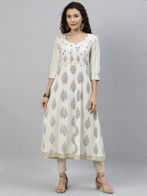 

ETIQUETTE Women Off-White & Navy Blue Printed Anarkali Kurta