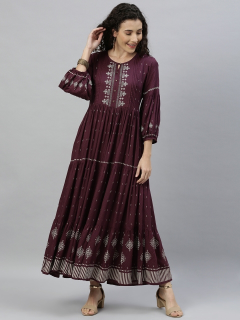 

ETIQUETTE Women Purple & White Printed A-Line Kurta with Gathers & Pleats