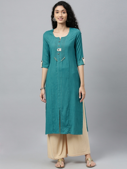 

ETIQUETTE Women Teal Green Solid Tuck Pleats Straight Kurta