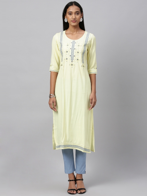 

ETIQUETTE Women Yellow Embroidered Straight Kurta