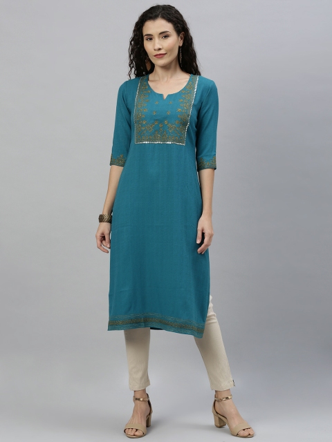 

ETIQUETTE Women Teal Blue & Beige Floral Embroidered Straight Kurta