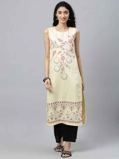 

ETIQUETTE Women Cream-Coloured & Pink Printed Straight Kurta