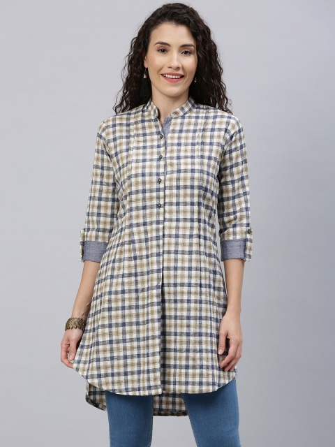 

ETIQUETTE Women Navy Blue & White Checked Pure Cotton Straight Fusion Kurti With High-Low Hem