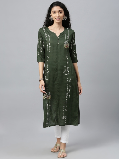

ETIQUETTE Women Green Printed A-Line Pleated Kurti