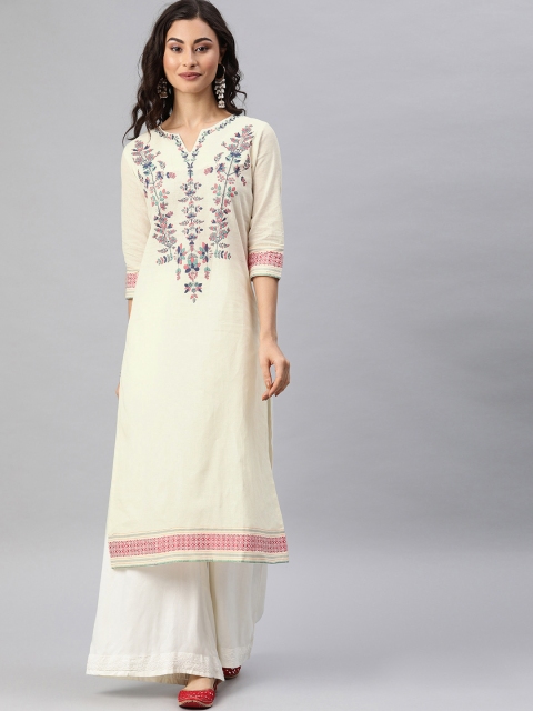 

ETIQUETTE Women Off-White & Blue Floral Printed Straight Kurta