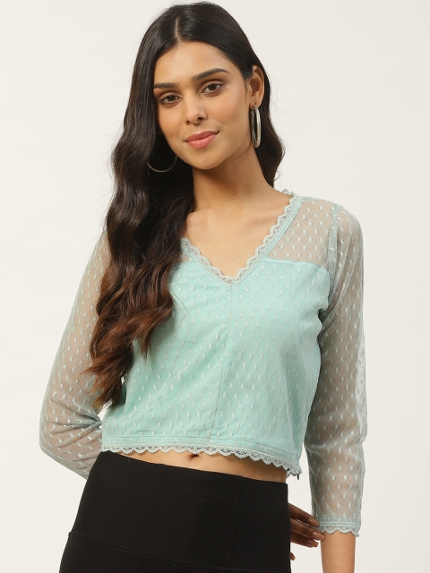 

SIRIKIT Women Sea Green Self Design Semi-Sheer Crop Top